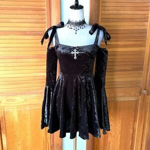 Doll Kill Gothic Dark Fairycore Black Velvet Tie Shoulder Mini Dress